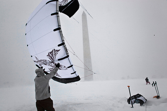 Snowkiting on the National Mall. "Snowmageddon" 2010. Washington, DC