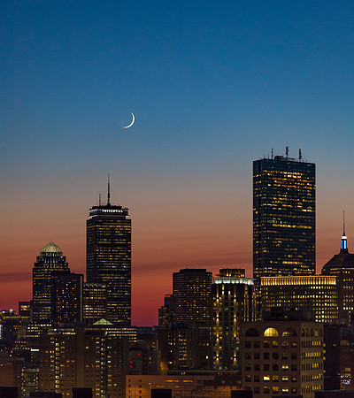 Crescent Moonrise over Prudential Tower & Hancock Building. Boston, Massachusetts